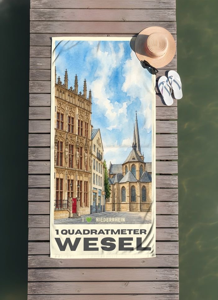 Strandtuch „Wesel · I love Niederrhein“ auf einem Holzsteg