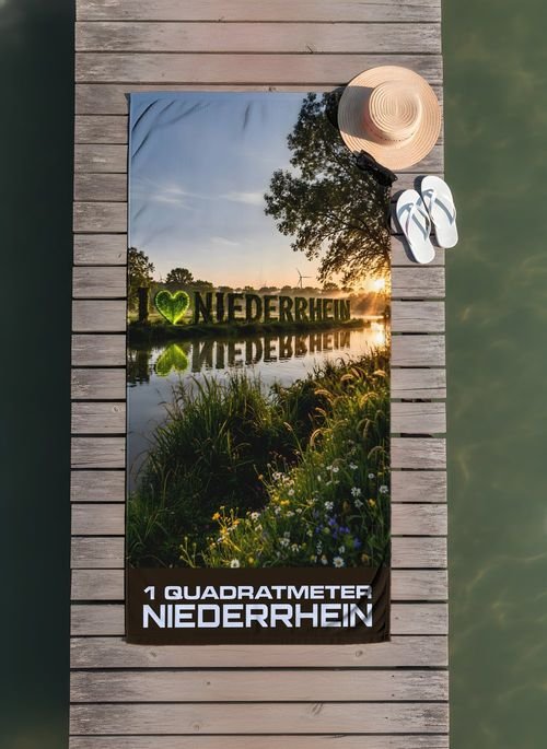 Muster-Strandtuch „1 Quadratmeter Niederrhein“ auf einem Holzsteg